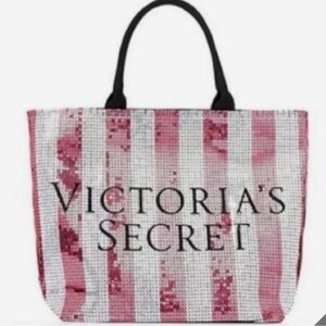 Victoria's Secret Pink & Silver Sequin Stripe Weekender Large Tote Bag NWT New